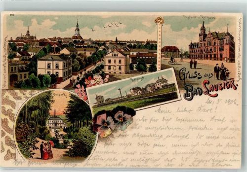 Bad Lausick 1906 Postamt Rathaus Kurpark Bahnhof Fahrrad Vögel Blumen Gruss