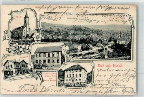 Seckach 1906 Schulhaus Bahnhof Gasthaus zum grünen Baum