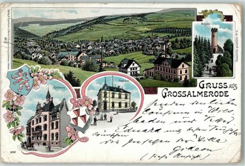Großalmerode 1901 Rathaus Postamt Bilstein Wappen Lithographie