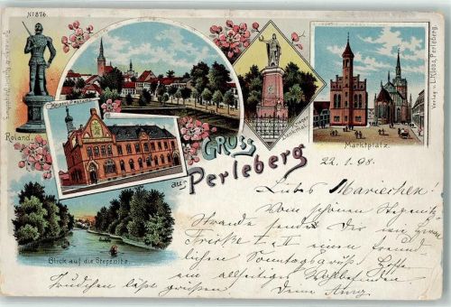 Perleberg 1898 Roland Kaiserliches Postamt Kriegerdenkmal Marktplatz Ruderboot Gruss Blumen