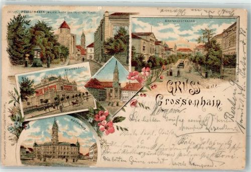 01558 O8280 Großenhain , Sachs 1902 Gebrauchsspuren Postgebäude Poststraße Rathaus Bahnhofstraße Litho