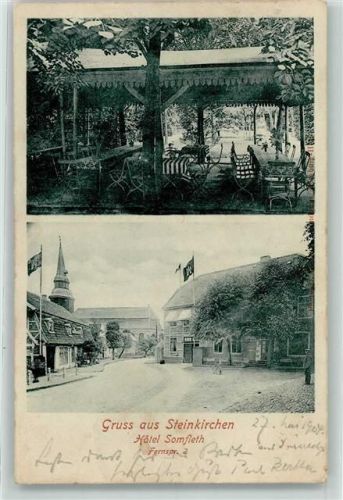 74523 W7176 Steinkirchen , Kr Schwäbisch Hall 1904 - Hotel Somfleth Fahne Terrasse Gruss Kirche