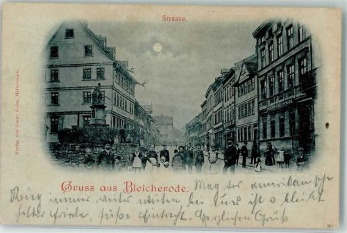 99752 O5502 Bleicherode 1898 Lithographie / Mondschein Dorfstraße Brunnen