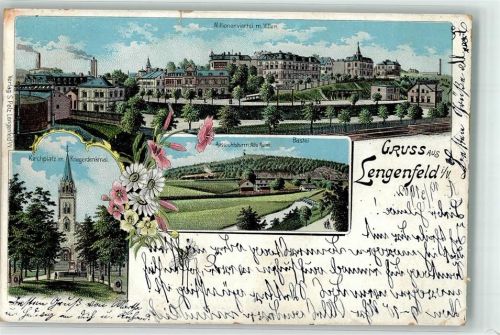 08485 O9802 Lengenfeld , Vogtl Gebrauchsspuren Kirchplatz Kriegerdenkmal Millionenviertel Bastei Lithographie