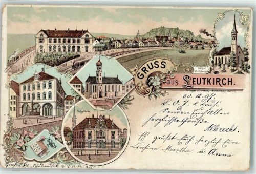 Leutkirch 1897 Post Rathaus Bahnhof Ev. Kirche Lithographie