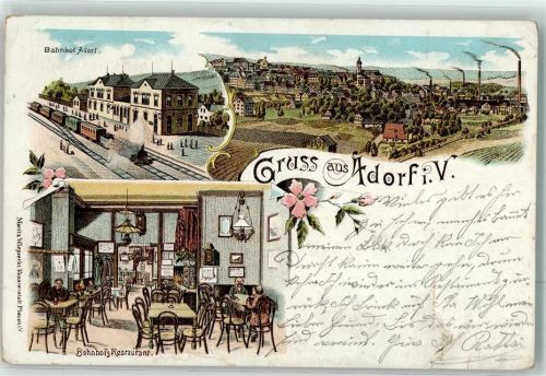 Adorf 1904 Bahnhof Bahnhof-Gaststätte Bahnpost Chemnitz-Adorf Zg. 1773 Lithographie Einriß