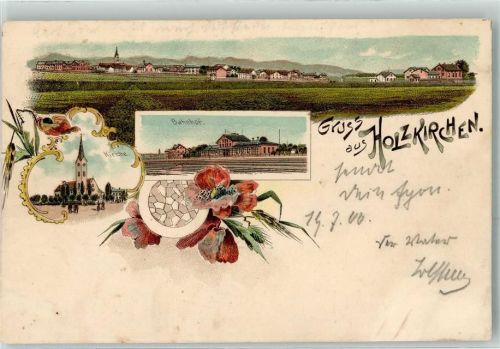 83607 W8150 Holzkirchen , Oberbay 1900 Lithographie St. Laurentius Kirche Bahnhof