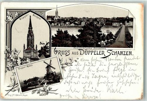 Sonderburg 1894 Düppel Mühle Düppel Kirche Ponton Brücke Lithographie
