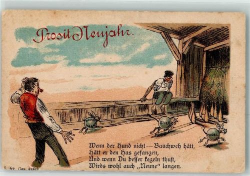 Lithographie Glückwunsch Neujahr Kegeln Tiere