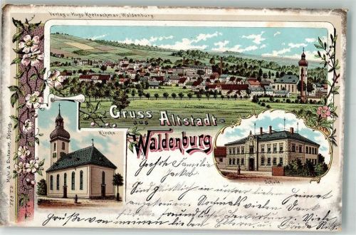 Waldenburg 1907 Schule Dorfkirche Lithographie