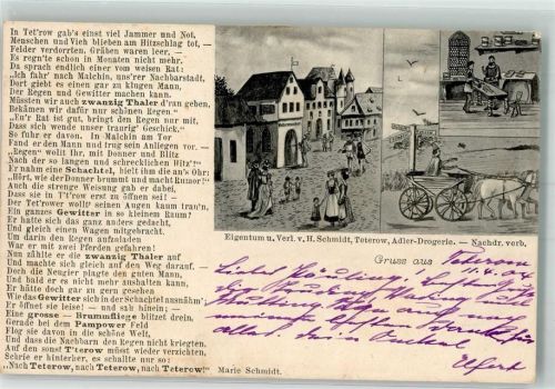 Teterow 1904 Gedicht von Marie Schmidt Dorfplatz Holzwegweiser Pferdekutsche Apothekerzimmer