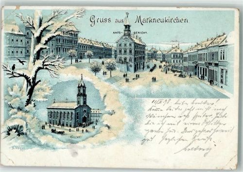 Markneukirchen 1898 Amtsgericht Kirche Winterlithographie