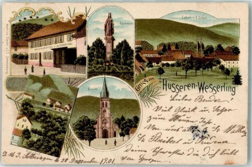 Husseren-Wesserling 1901 Gasthaus Kirche Denkmal Säule Bahnhof Fabrik Gross
