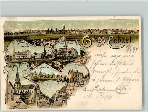 Echzell 1897 Römerbrunnen Kaiserl. Postamt Dampfmolkerei Forsthaus Lithographie