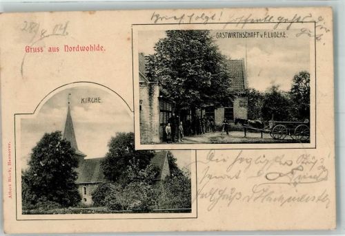 27211 W2830 Nordwohlde Gebrauchsspuren Kirche Gasthaus Lüdeke Fuhrwerk Foto AK