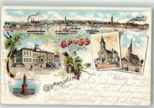 Gernsheim 1900 Stadthaus Schöffer-Denkmal Kath. Kirche Weintrauben Lithographie