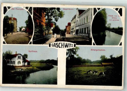 04416 O7112 Gaschwitz 1918 - Am Postamt Golfhaus Hauptstraße Rittergut Wiese Kühe Pleisse