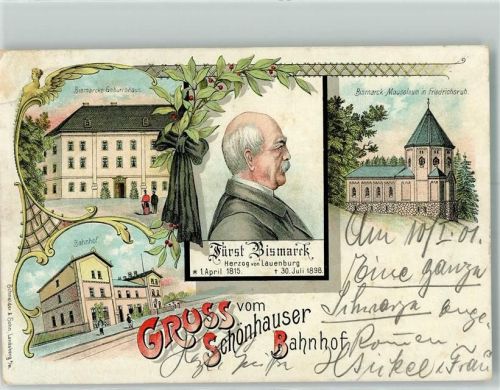 39524 O3520 Schönhausen Elbe 1901 Lithographie Bahnhof Bismarck's Geburtshaus Portrait Bismarck Bismarck-Mausoleum