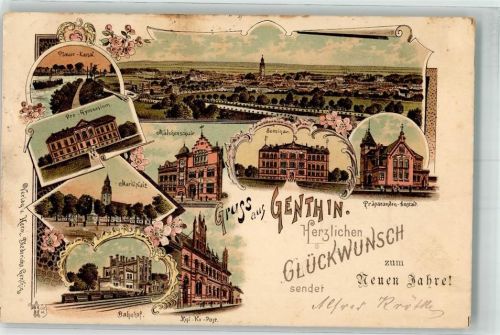 Genthin 1897 Plauer-Kanal Bahnhof Kgl. Post Progymnasium Mädchenschule Lithographie