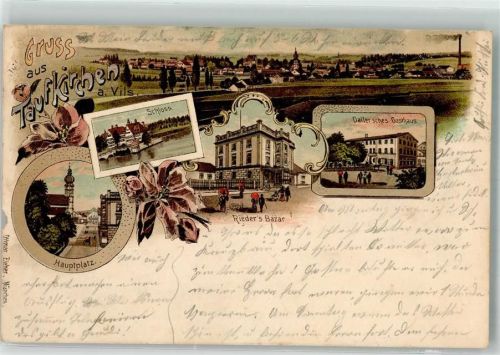 84416 W8252 Taufkirchen Vils 1904 Gebrauchsspuren Lithographie Schloß Rieder's Bazar Hauptplatz Gasthaus Daller Verlag Ottmar-Zieher-München