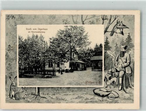 Wilthen 1910 Mönchswalderberg Gasthaus Jägerhaus Hasen Jäger Dackel Vögel