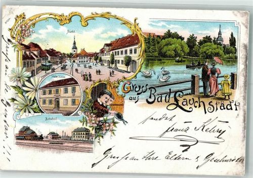 06246 O4204 Bad Lauchstädt 1897 Lithographie Schwanenteich Bahnhof Markt Schiller-Haus