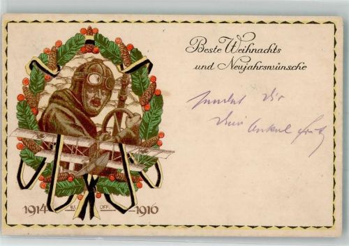 WK I Doppeldecker Pilot Kranz mit Tannenzapfen Neujahr Glückwunsch Flugzeug 1914 Künstlerkarte
