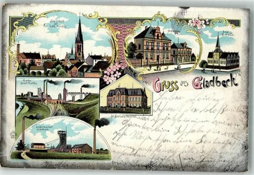 Gladbeck 1901 Lithographie Zeche Graf Moltke Gewerkschaft Gladbeck Amtshaus St. Barbara Krankenhaus