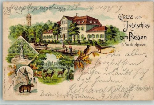 Sondershausen 1902 Jagdschloß zu Possen Rebhuhn Bärenzwinger Hirsch Denkmal