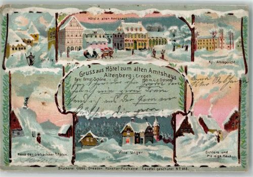 Altenberg 1901 Hotel zum alten Amtshaus Im Filz Kgl. Amtsgericht Villa Unger Pferdeschliten Winter