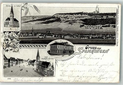 Spaichingen 1900 Lithographie Kath. Pfarrkirche Schulhaus