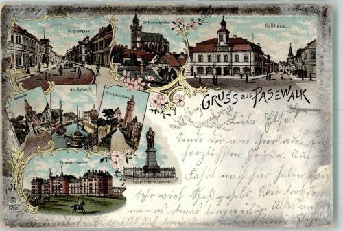 17309 O2100 Pasewalk 1897 Lithographie Ückerstraße St. Marienkirche Rathaus Kürassier-Kaserne
