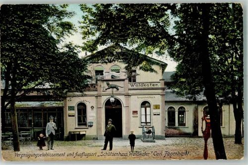 Schkeuditz 1908 Ausflugsetablissement Schützenhaus Waldkater Kanone Ort lt. Stempel