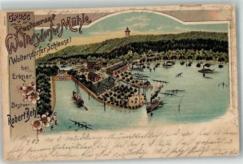 Erkner 1902 Gasthaus Woltersdorfer Mühle Hafen Ausflugsdampfer Ruderboote