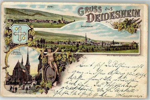 Deidesheim 1899 Stadtwappen Kath. Kirche Bacchus Weinfaß Weintrauben
