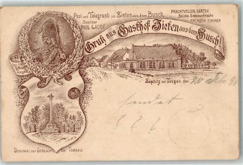 Süptitz 1898 Vorläufer Denkmal der Schlacht bei Torgau Gasthaus Zieten Lorbeerkranz Portrait Lithographie