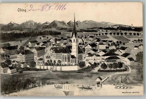 Obing 1911 Kirche St. Laurentius signiert Künstlerkarte Einriß