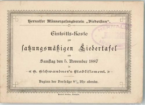 Wien Eintrittskarte Männergesangsverein Bidersinn Gasthaus Gschwander Keine AK Mittelbug