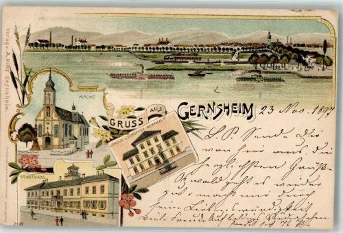 Gernsheim 1897 Stadthaus Kirche Schule Schöffer-Denkmal Rhein