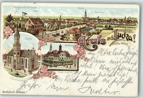 04613 O7403 Lucka , Thür 1899 Lithographie Rathaus Kirche Post