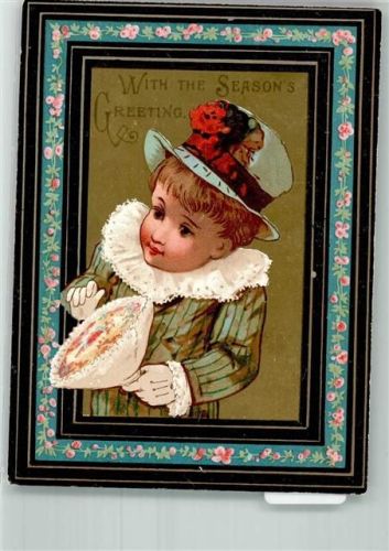 1882 Cashs Cambrig Frillings Passepartout Kind mit Blumen With the seasons Greeting