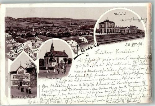 Lauda 1898 Lithographie Bahnhof Marienkirche Hotel v. G. Müller