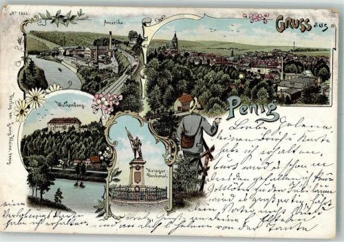 Penig 1898 Kriegerdenkmal Wolkenburg Amerika Nachporto Bahnpost Glauchau- Zug 854