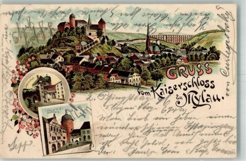 08499 O9803 Mylau 1896 Lithographie Kaiserschloss Mylau Schlosshof Rathaus Viadukt