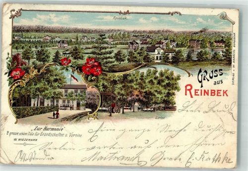 Reinbek 1900 Lithographie Gasthaus "Zur Harmonie" Garten Bahnpost Berlin-Hamburg