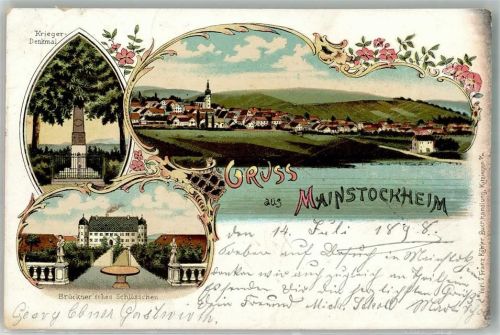 97320 W8711 Mainstockheim 1898 Lithographie Brückner'sches Schlösschen Kriegerdenkmal Main