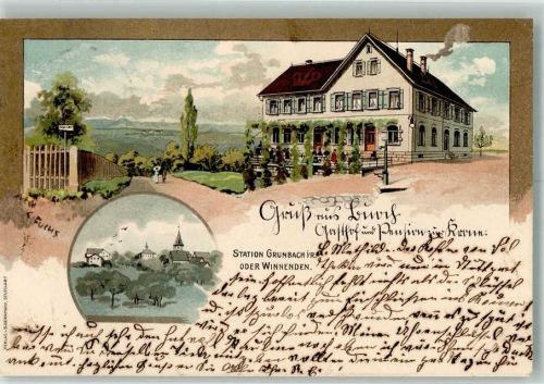 73630 W7064 Grunbach , Rems 1900 Lithographie / Künstlerkarte Pension zur Krone sign. K. Fuchs