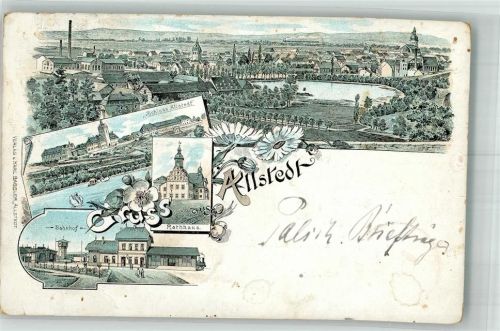 06542 O4702 Allstedt 1900 Lithographie Rathaus Bahnhof Schloss Allstedt