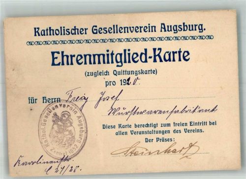 Augsburg 1920 Katholischer Gesellenverein Ehrenmitglied-Karte