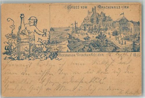 Drachenfels 1890 Poststation Weinflasche Lithographie